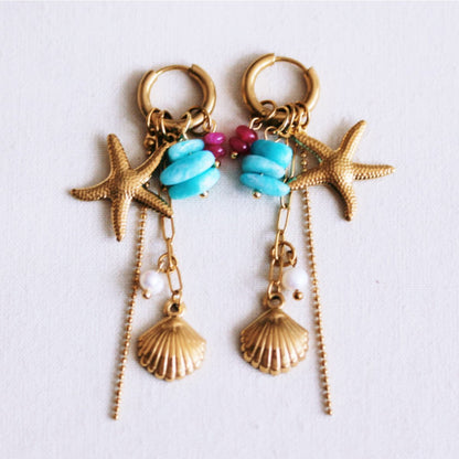 Stainless steel hoop earrings with starfish, shell, chains, and pearl - fuchsia/mint