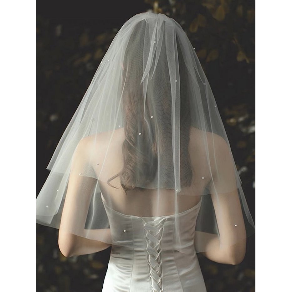 Elegant Two-tire Bride Veil with Small Pearls