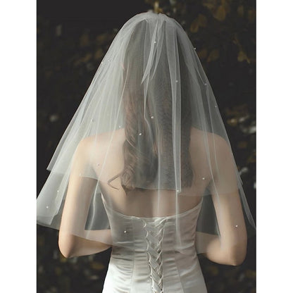 Elegant Two-tire Bride Veil with Small Pearls