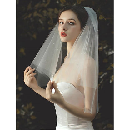 Elegant Two-tire Bride Veil with Small Pearls