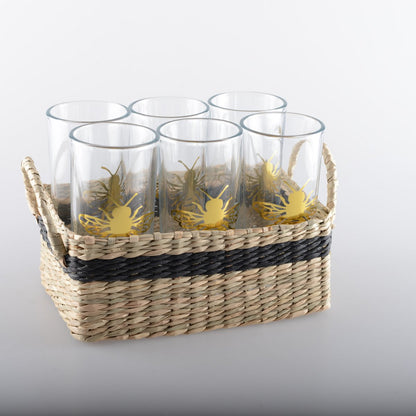 Set of 6 bee glasses with basket