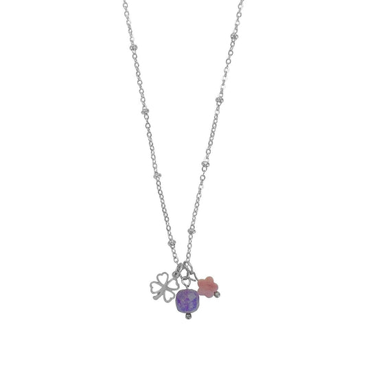 Amethyst, Rhodochrosite & Four Leaf Clover Necklace - Silver
