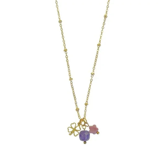 Amethyst, Rhodochrosite & Four Leaf Clover Necklace - Gold