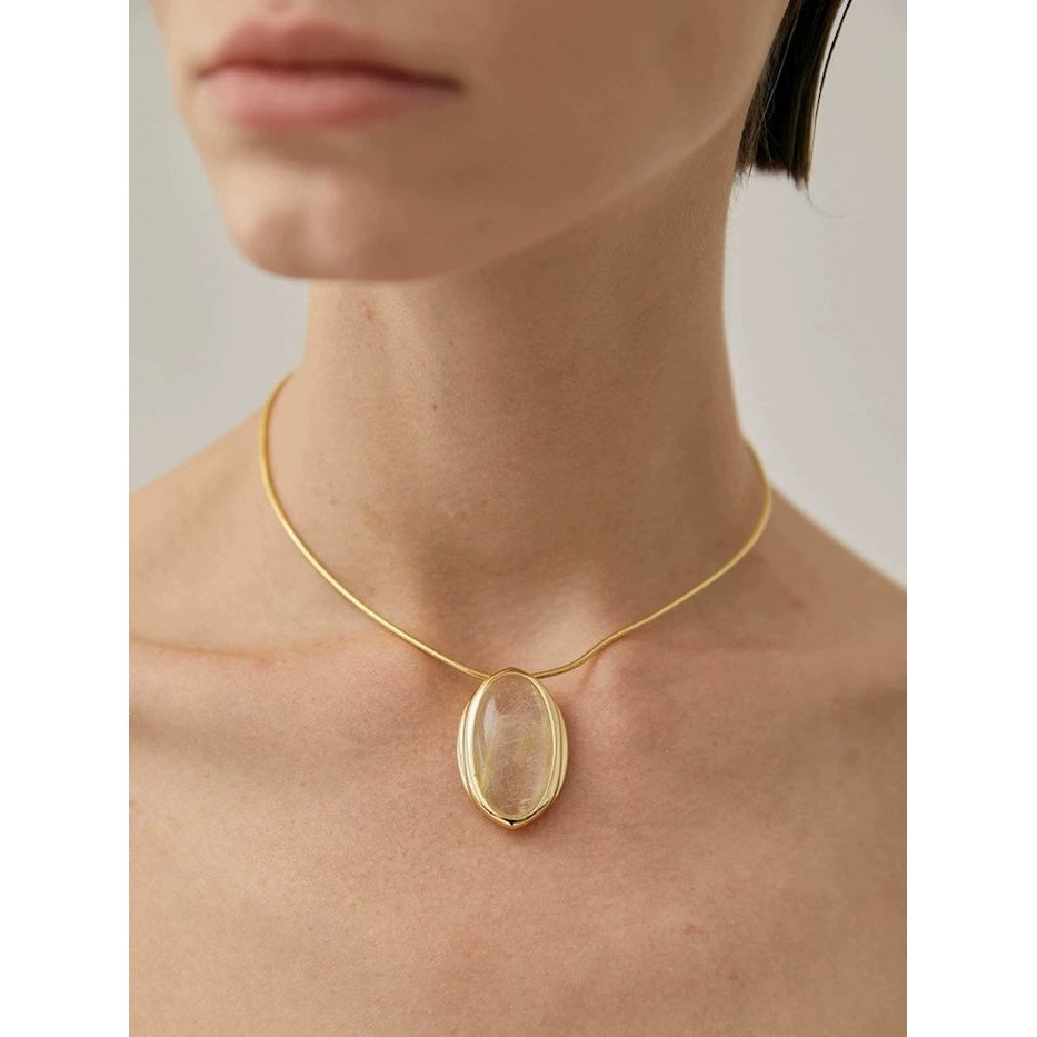Minimalist Gold Rutilated Quartz Oval Pendant Necklace