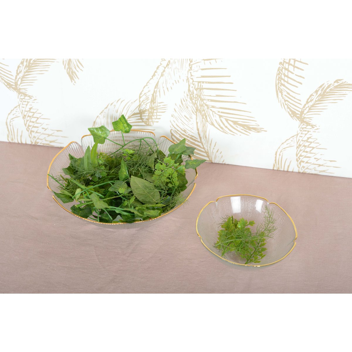 FLORAL GLASS SALAD BOWL WITH GOLDEN RIM 25CM