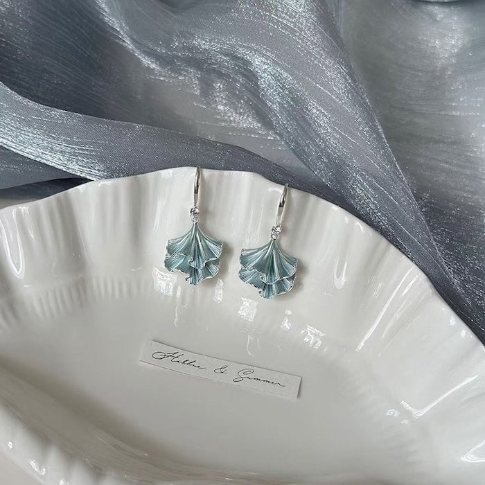 Light Blue Ginkgo Leaf Silver Earrings