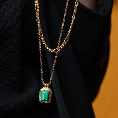 Double-Chain Malachite Pendant Necklace