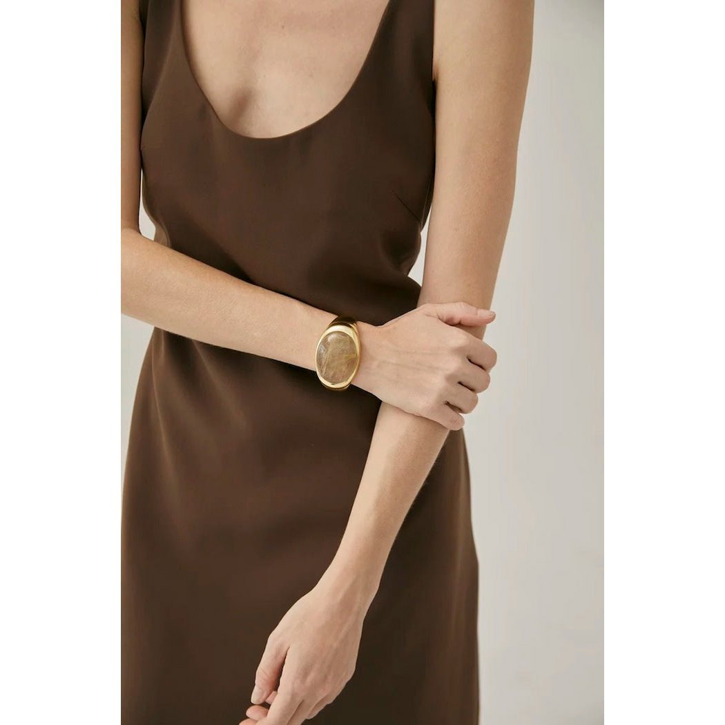 Bold Minimalist Gold Rutilated Quartz Wide Bangle