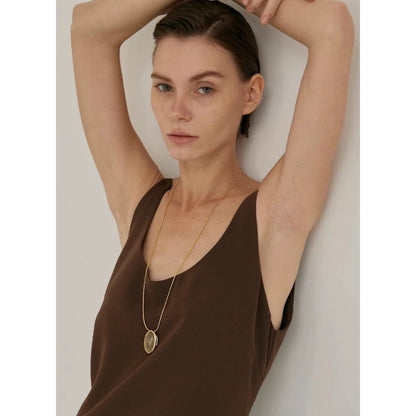 Minimalist Gold Rutilated Quartz Oval Pendant Necklace