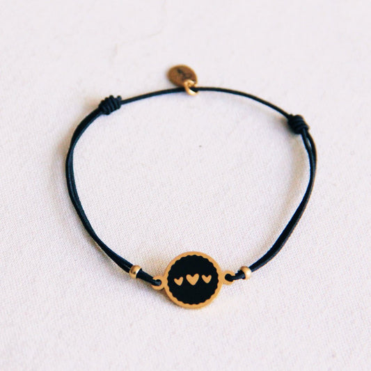 Elastic bracelet with 3 heart charms - black/gold