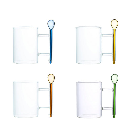 Glass tea cups with multicolored spoons - Lot of 4