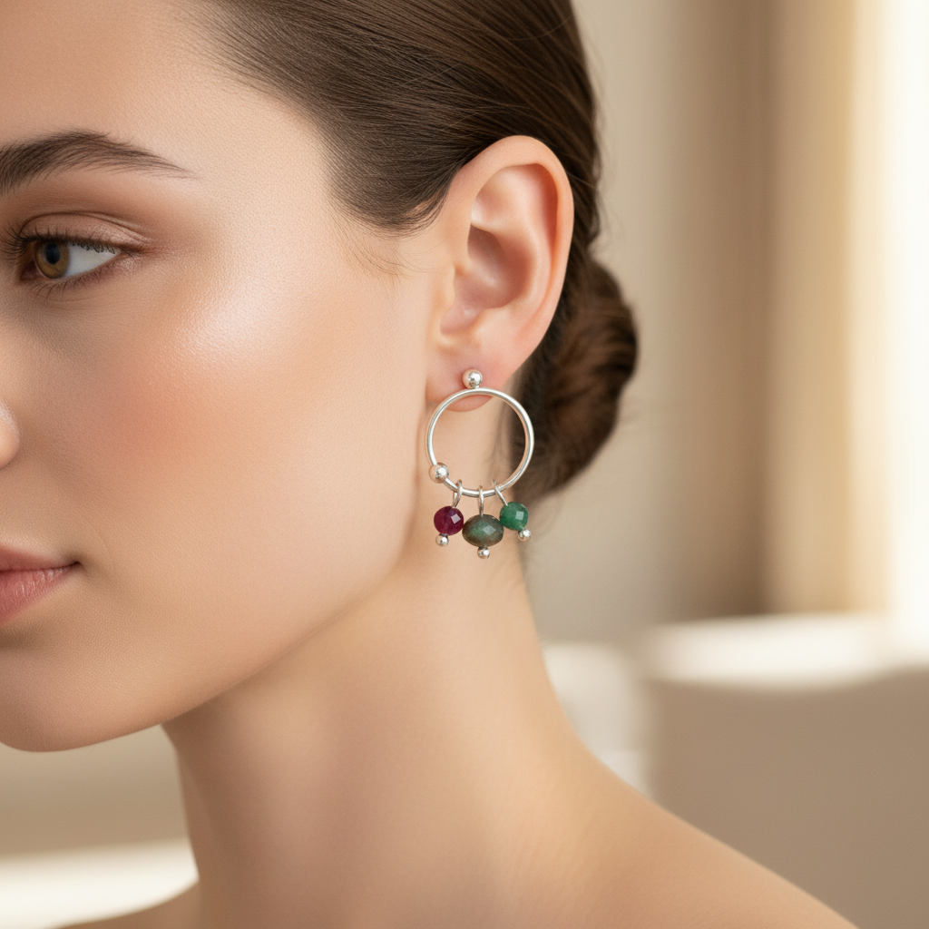 Emerald Ruby Labradorite Earrings - Silver
