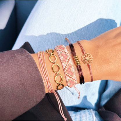 Quadruple satin bracelet with beads - old pink
