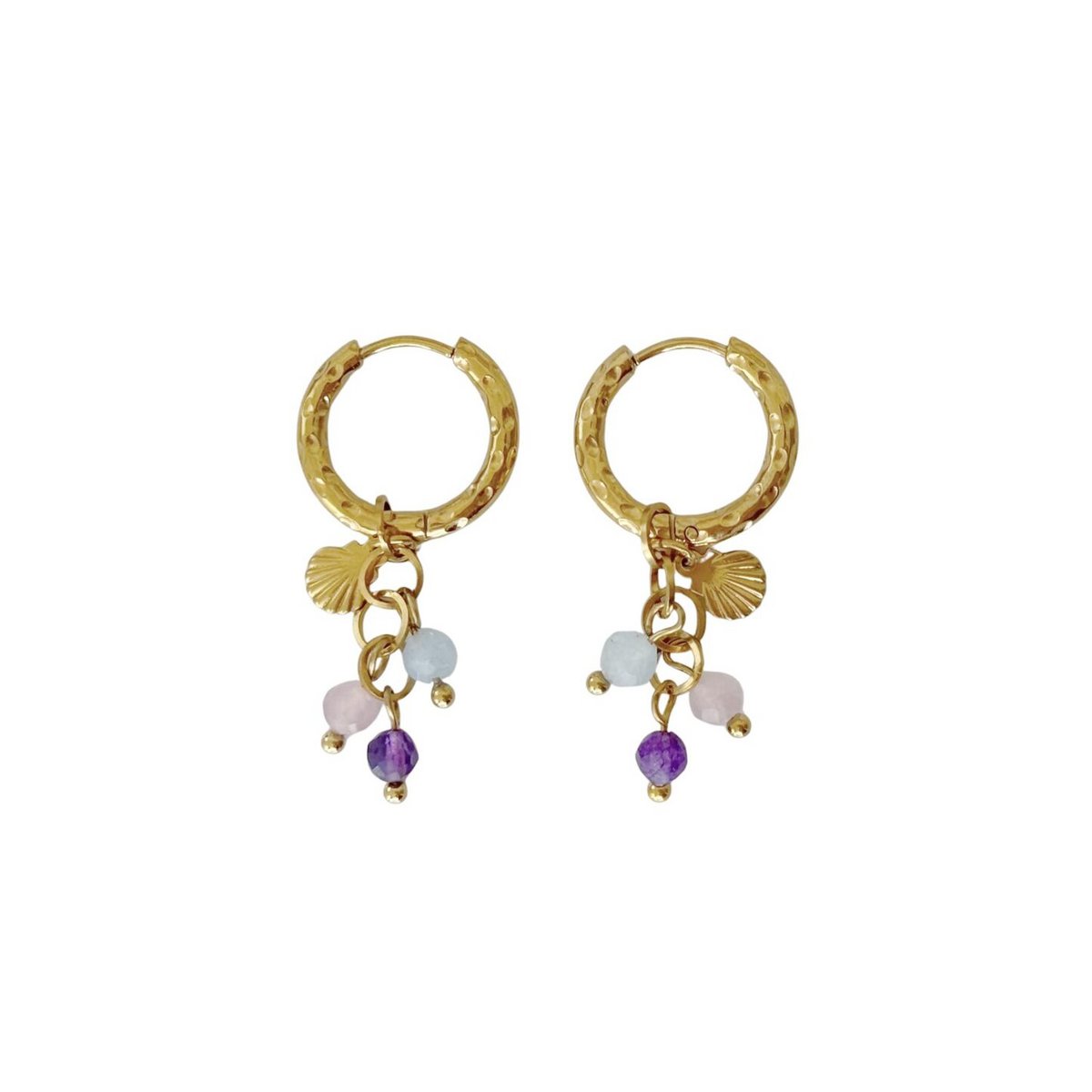 Shell, Rose Quartz, Amethyst and Aquamarine Earrings - Gold