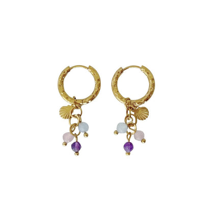 Shell, Rose Quartz, Amethyst and Aquamarine Earrings - Gold