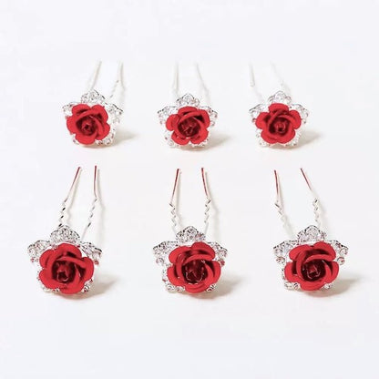 Romantic Red Rose Bridal Hairpins-One set of 8