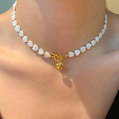 Mother of Pearl Heart Beads Necklace with OT Buckle