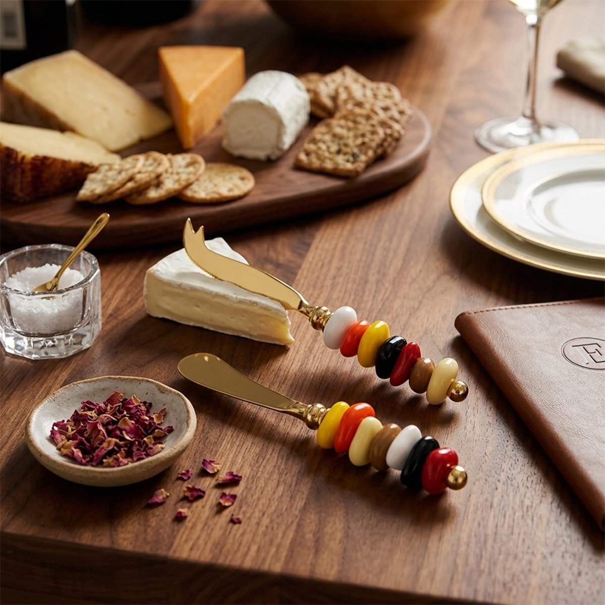Golden cheese service with multi-colored stone handles