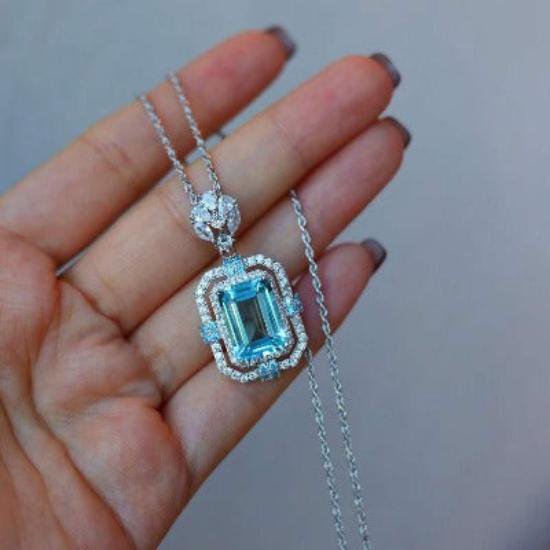 Sparkling Blue Topaz Square Pendant Necklace