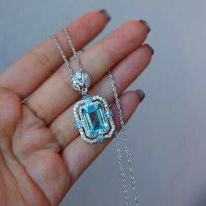 Sparkling Blue Topaz Square Pendant Necklace