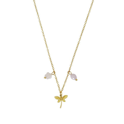 Dragonfly Rose Quartz Flower & Kunzite Necklace - Gold