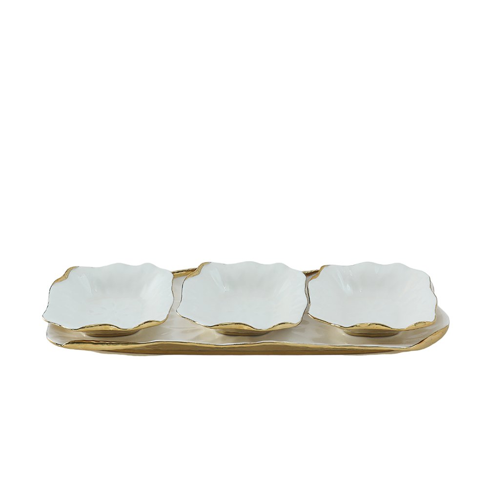 SET OF 3 CUPS ON WHITE PORCELAIN TRAY WITH GOLDEN EDGES