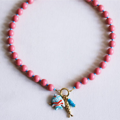 Beaded necklace with Miyuki beads with charms - coral/blue
