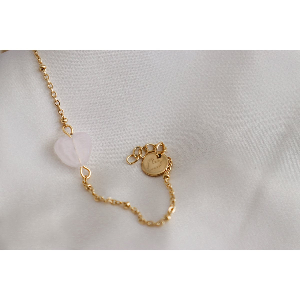 Rose Quartz Heart Bracelet & Heart Charm - Gold