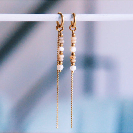 Stainless steel hoop earrings with facets and chain - nude