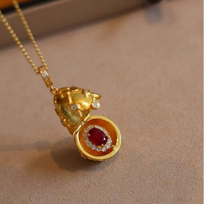 Real Ruby Royal Gold Egg Locket Pendant Necklace