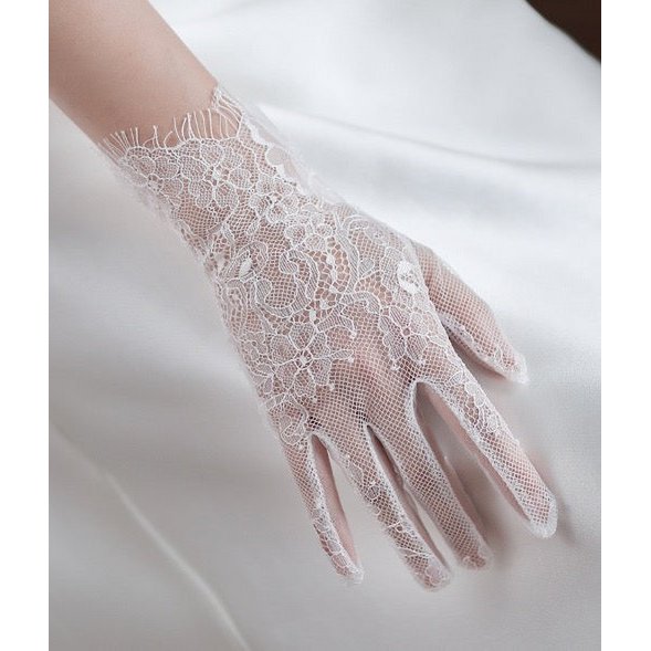 Delicate White Lace Net Bridal Gloves-For slim hands