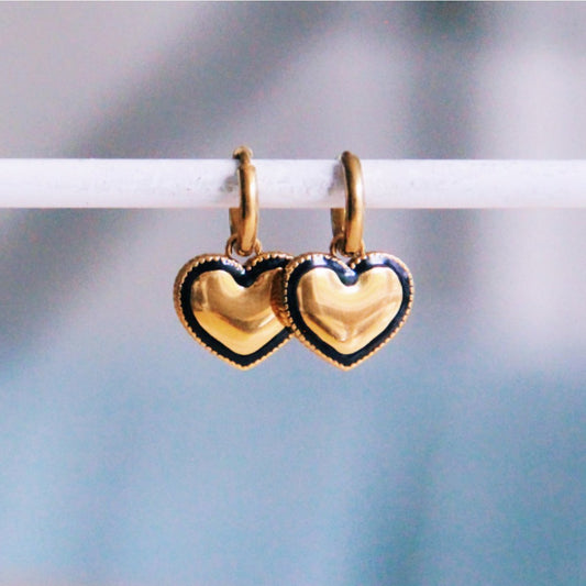 Stainless steel hoops with dotted heart - gold/black