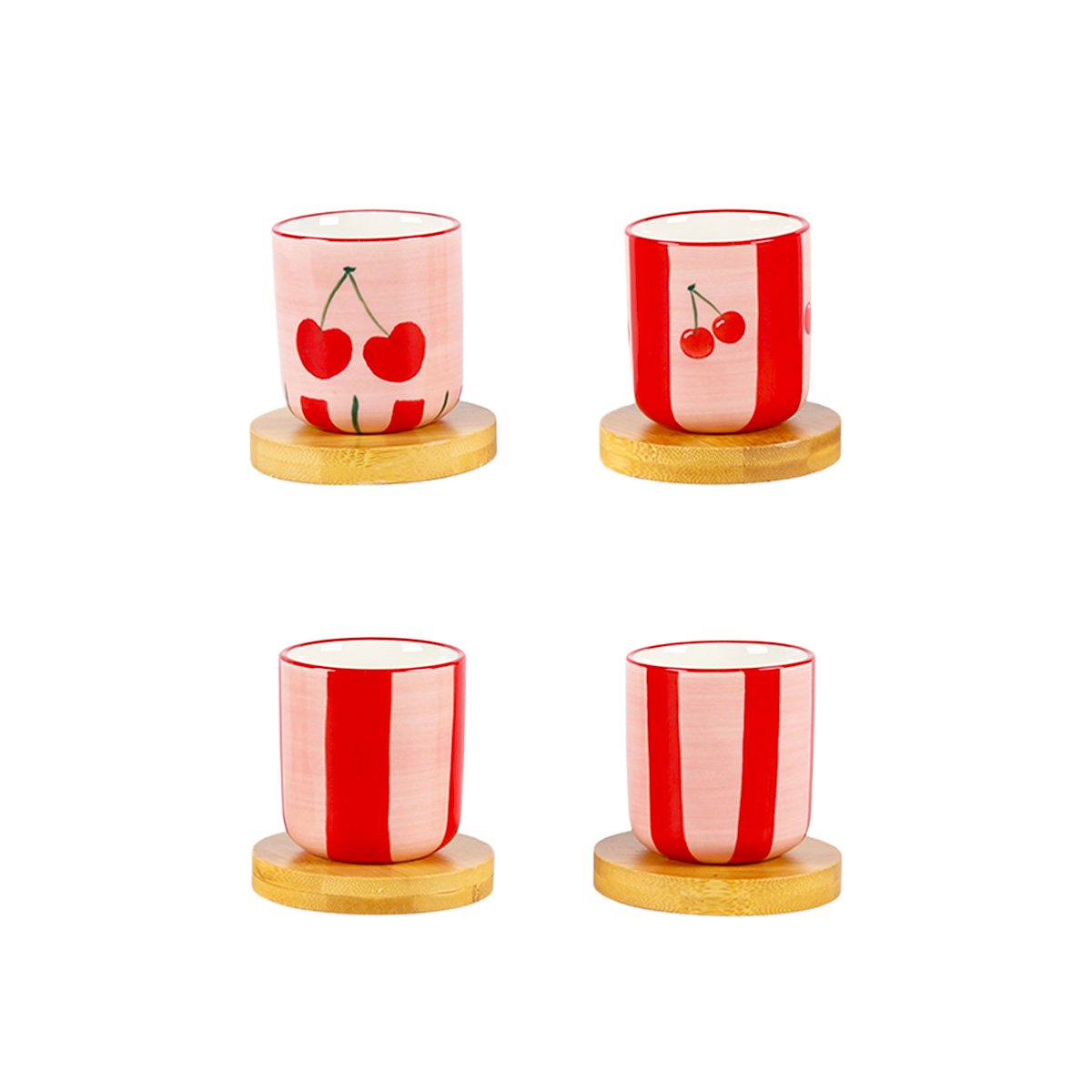 Cherry coffee cups with wooden saucers - set of 4
