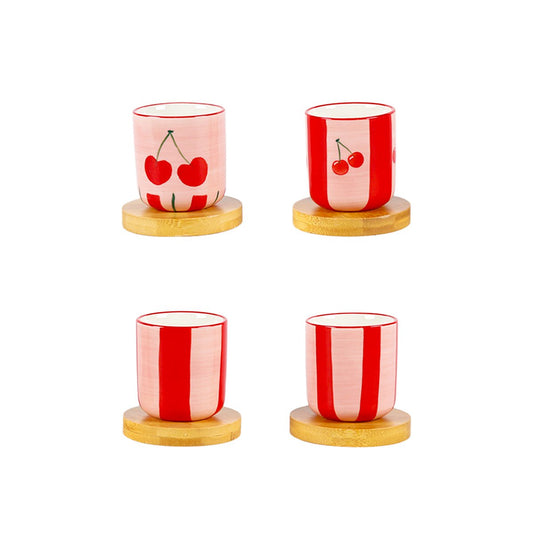 Cherry coffee cups with wooden saucers - set of 4