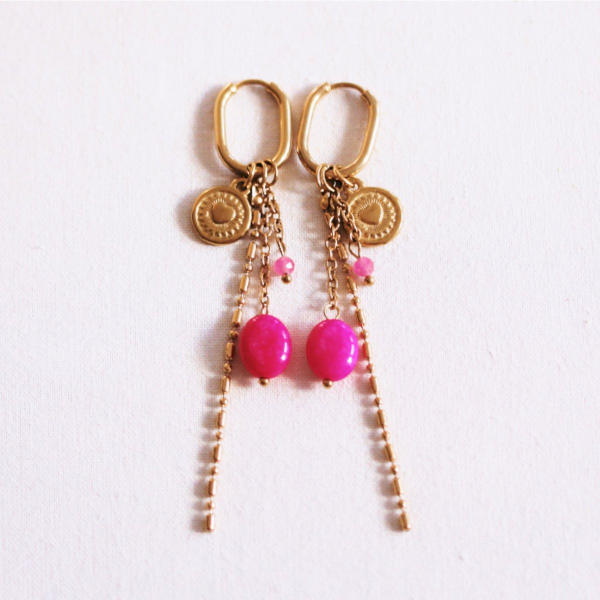Stainless steel oval hoop earrings with chains, heart and oval stone - fuchsia