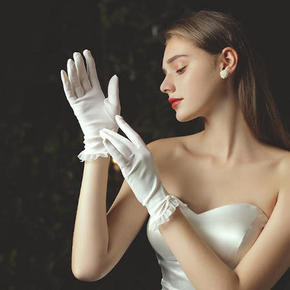 Sophisticated White Bridal Gloves with Lace Trims