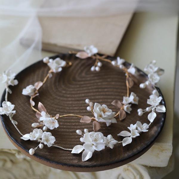 Ceramic Bridal Hair Vine with Silver Leaves