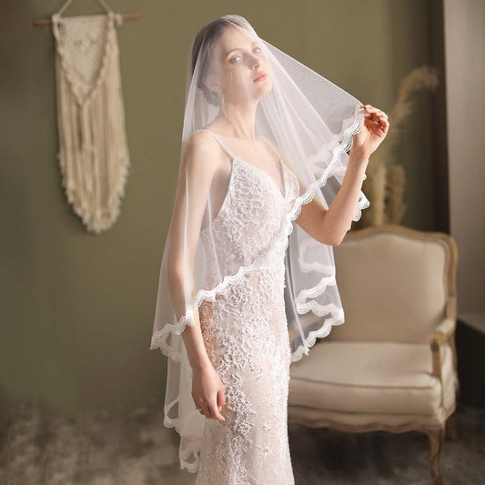 Mid-Length Double Tulle Bridal Veil - Lace Lining - Iron Before Use