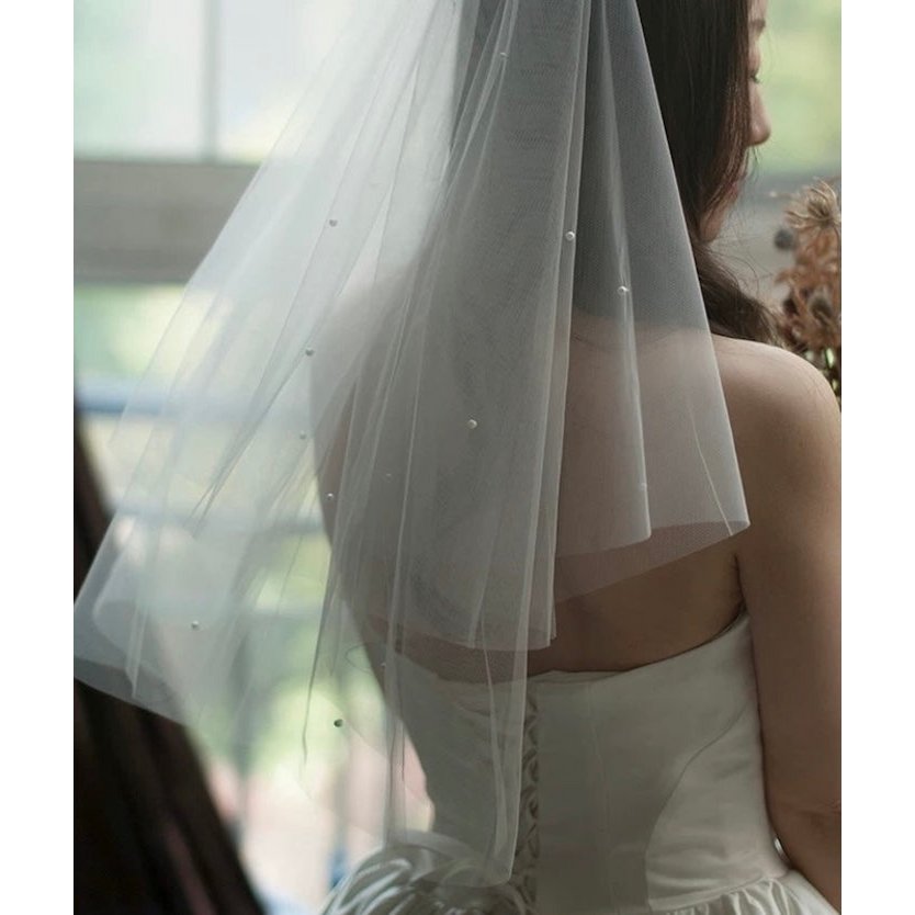 Elegant Two-tire Bride Veil with Small Pearls