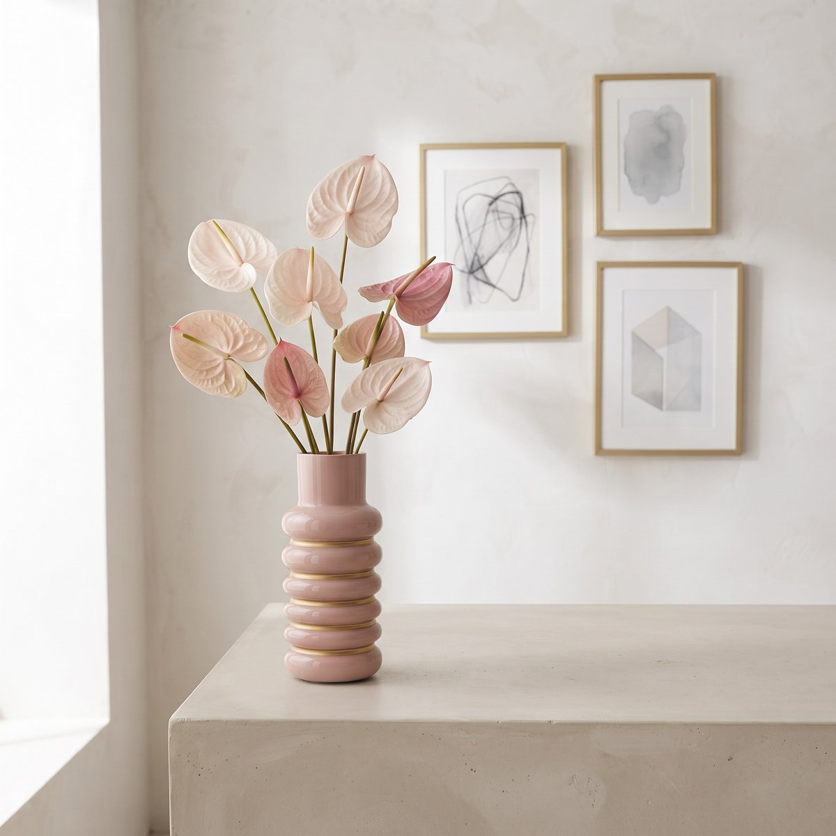 Corrugated vase in pink and gold metal 12.4x12.4x27cm