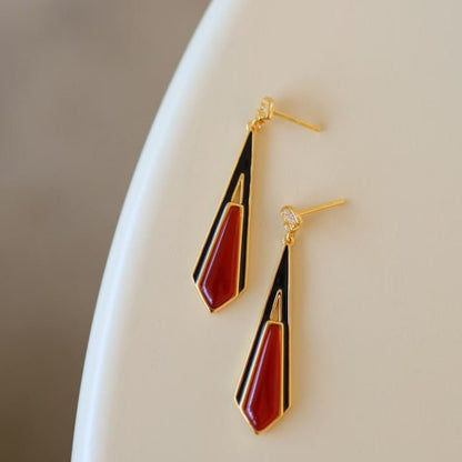 Geometric Drop Earrings with Red Agate