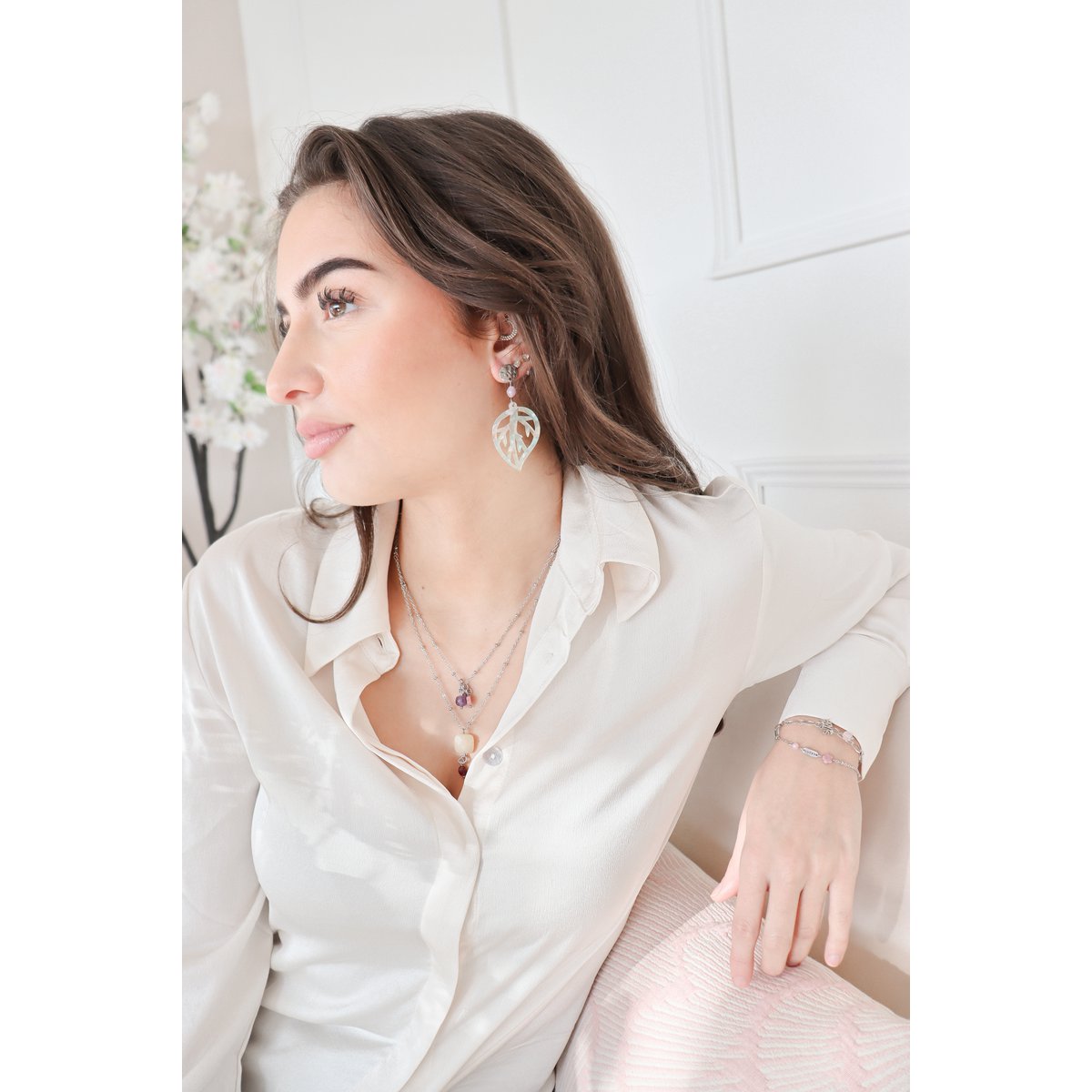 Kunzite Leaf Statement Earrings - Silver