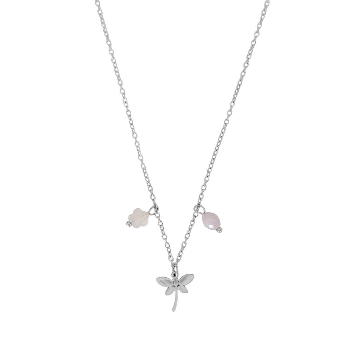 Dragonfly Rose Quartz Flower & Kunzite Necklace - Silver