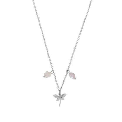 Dragonfly Rose Quartz Flower & Kunzite Necklace - Silver