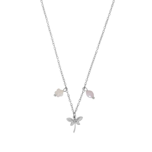 Dragonfly Rose Quartz Flower & Kunzite Necklace - Silver