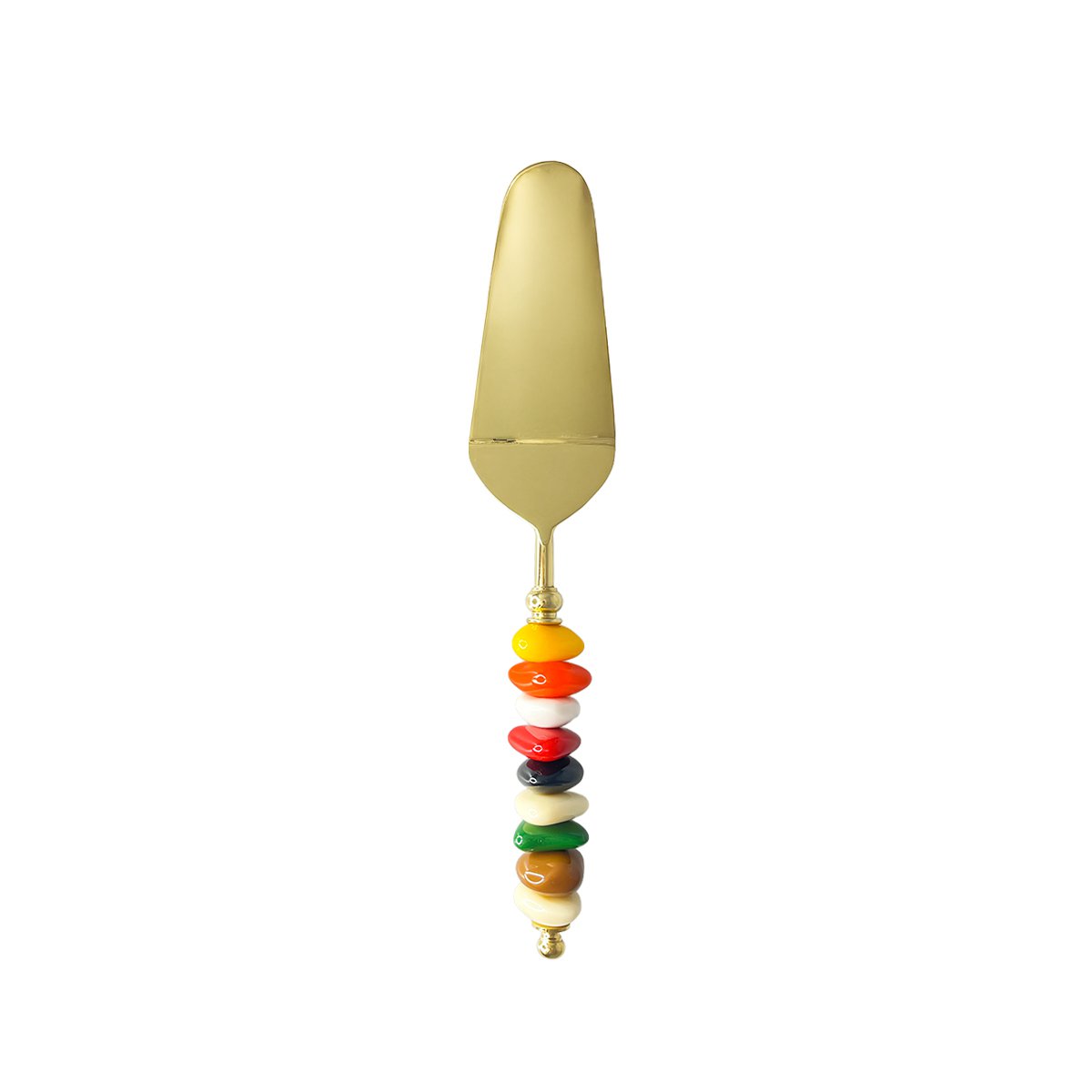 Golden pie server with multi-colored stone handle