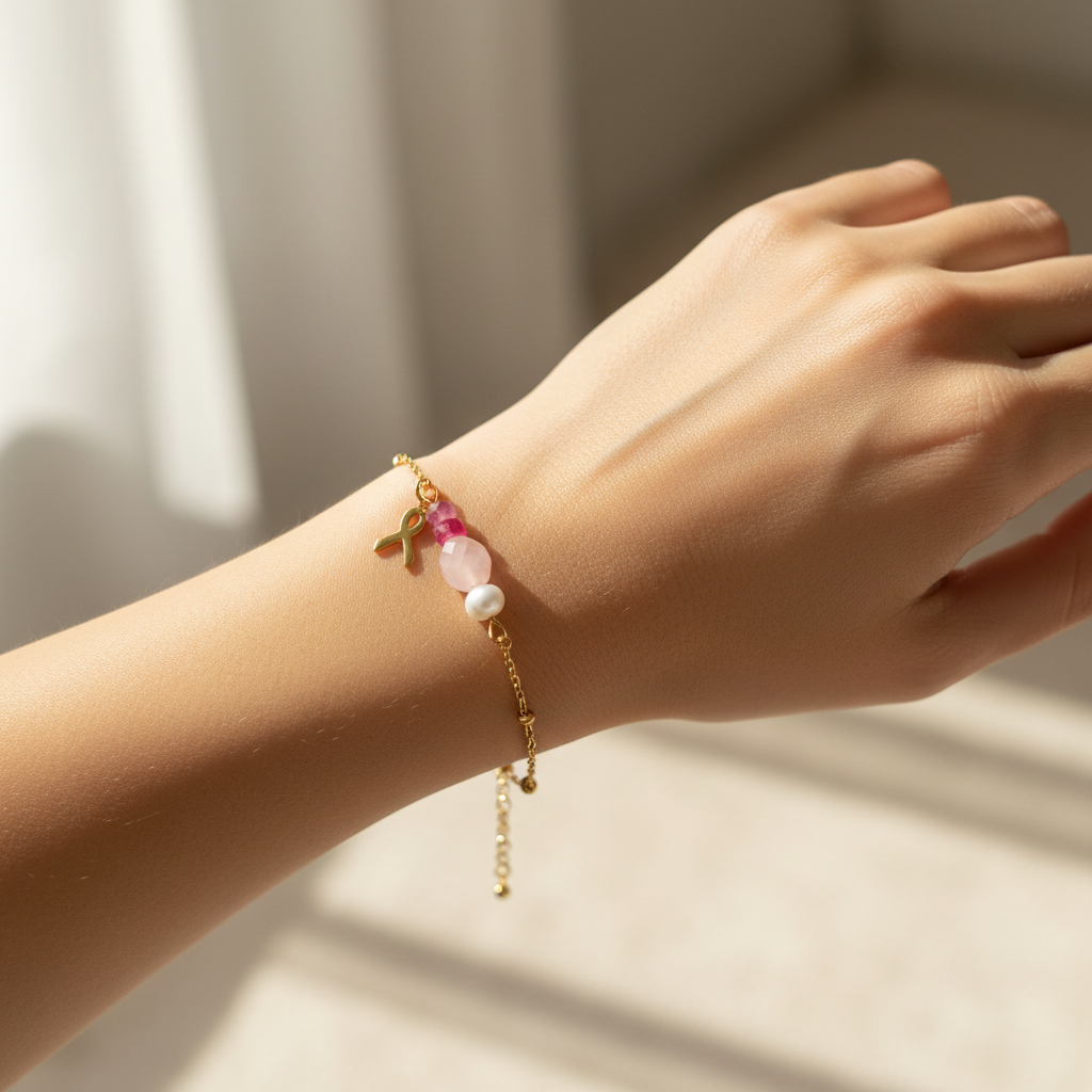 Gemstone Bracelet Gold Pink Ribbon