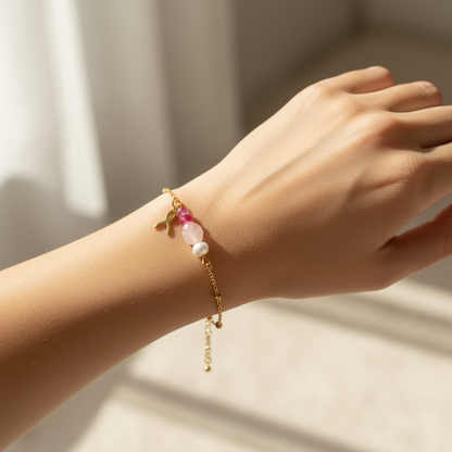 Gemstone Bracelet Gold Pink Ribbon