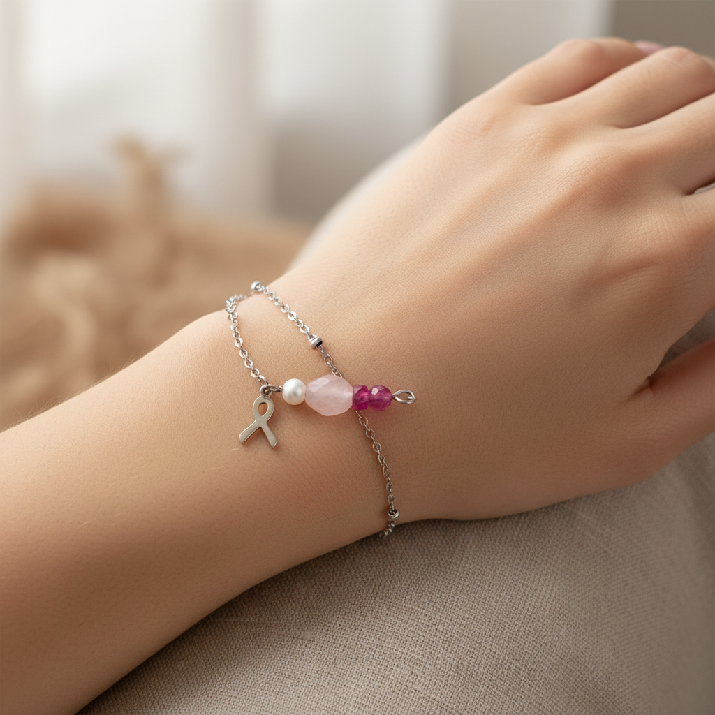 Gemstone Bracelet Silver Pink Ribbon