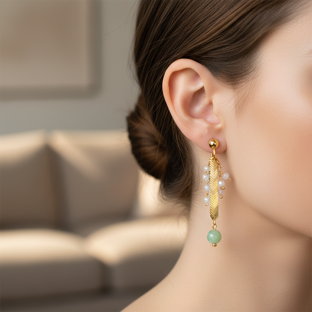 Herringbone Jade Gems Earrings - Gold